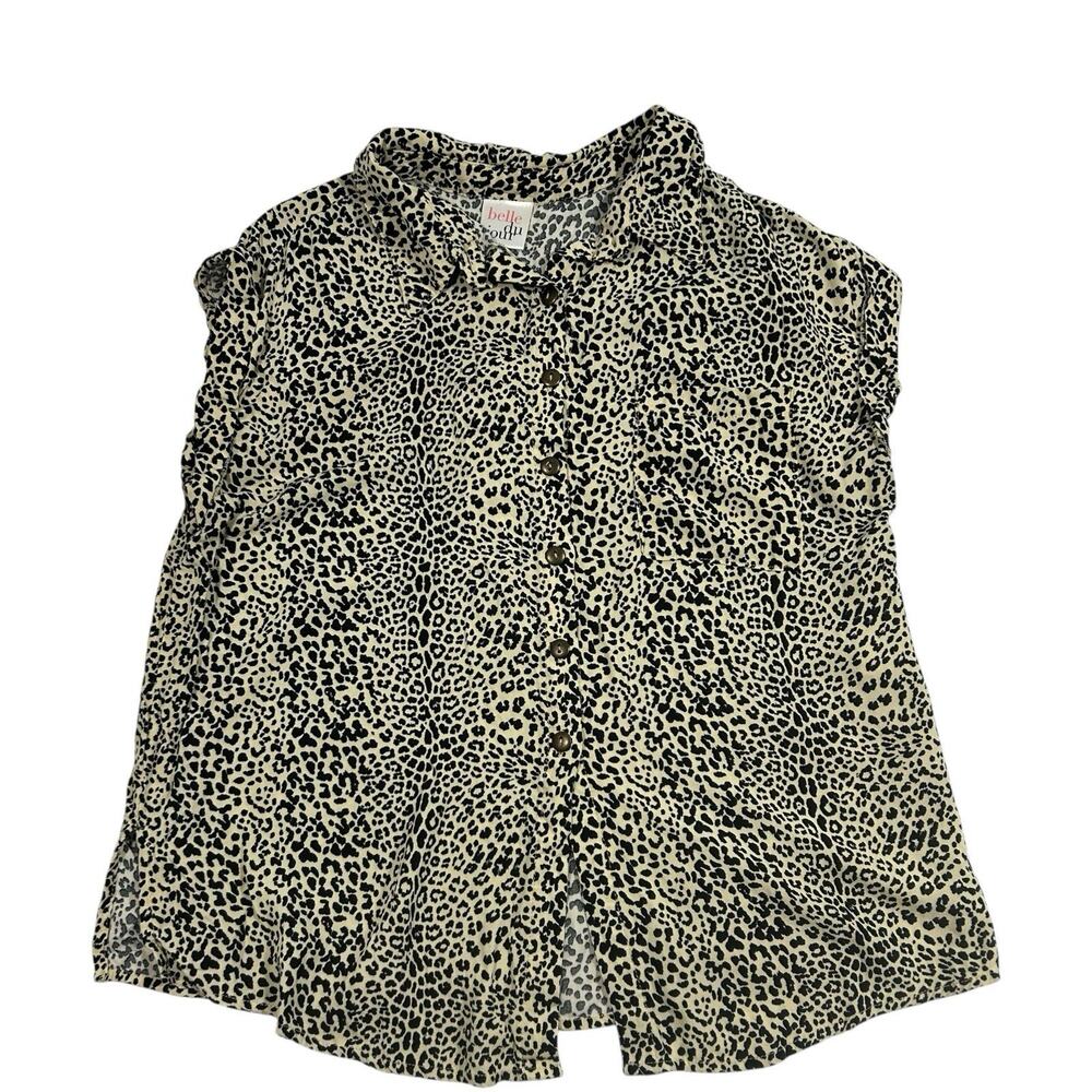 Belle du Jour Leopard Print Button Front Blouse Top Size M Black Cream Rayon
